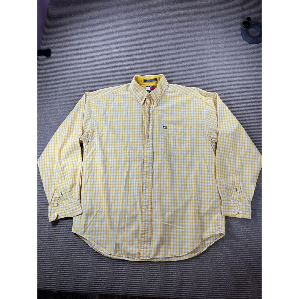 Tommy Hilfiger Mens Large Yellow White Gingham Check Cotton Button Down Shirt